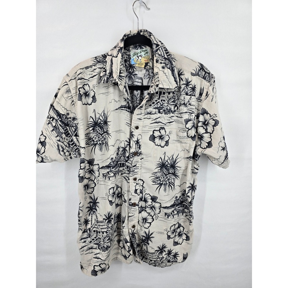 Big Dogs Mens Hawaiian Shirt Short Sleeve Tropical Hibiscus Print White Black SM